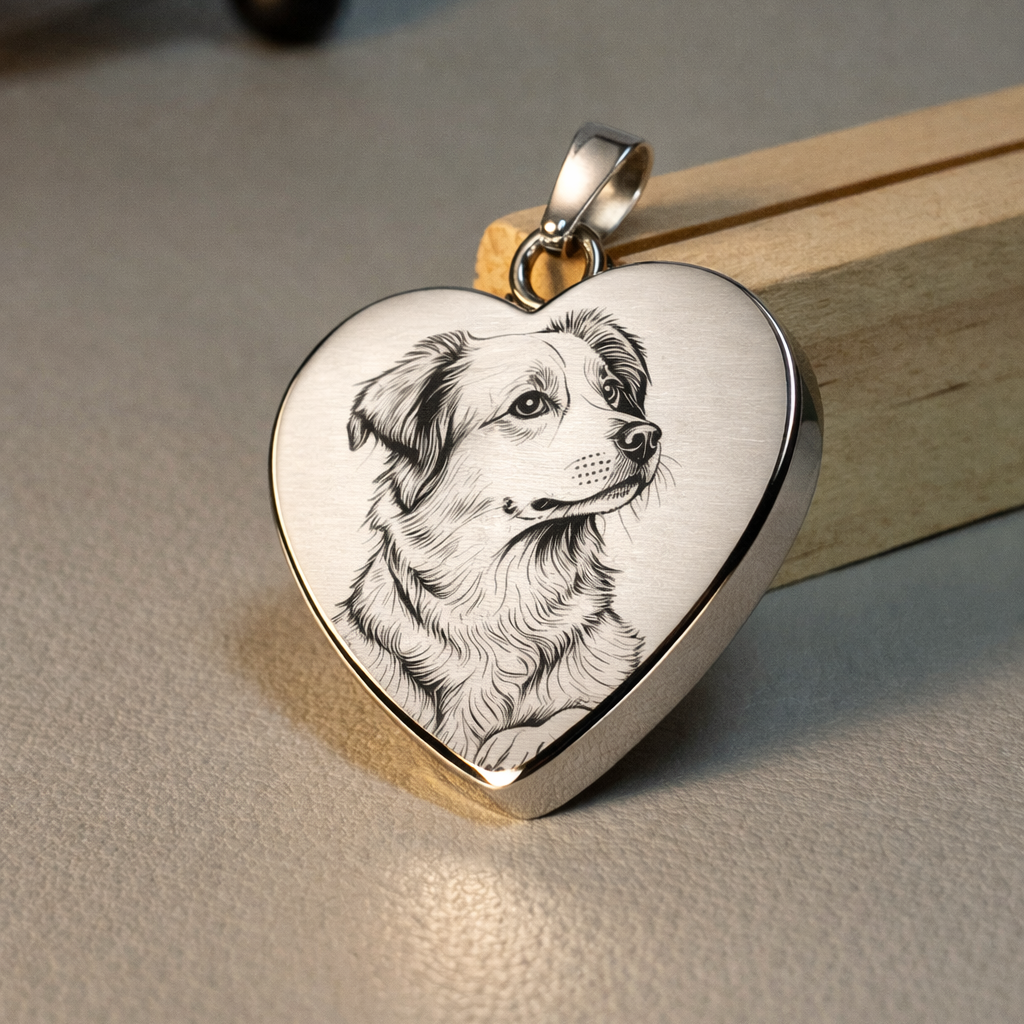 Custom custom heart shape stainless steel pendant – detail shot. Laser engraving Canada.