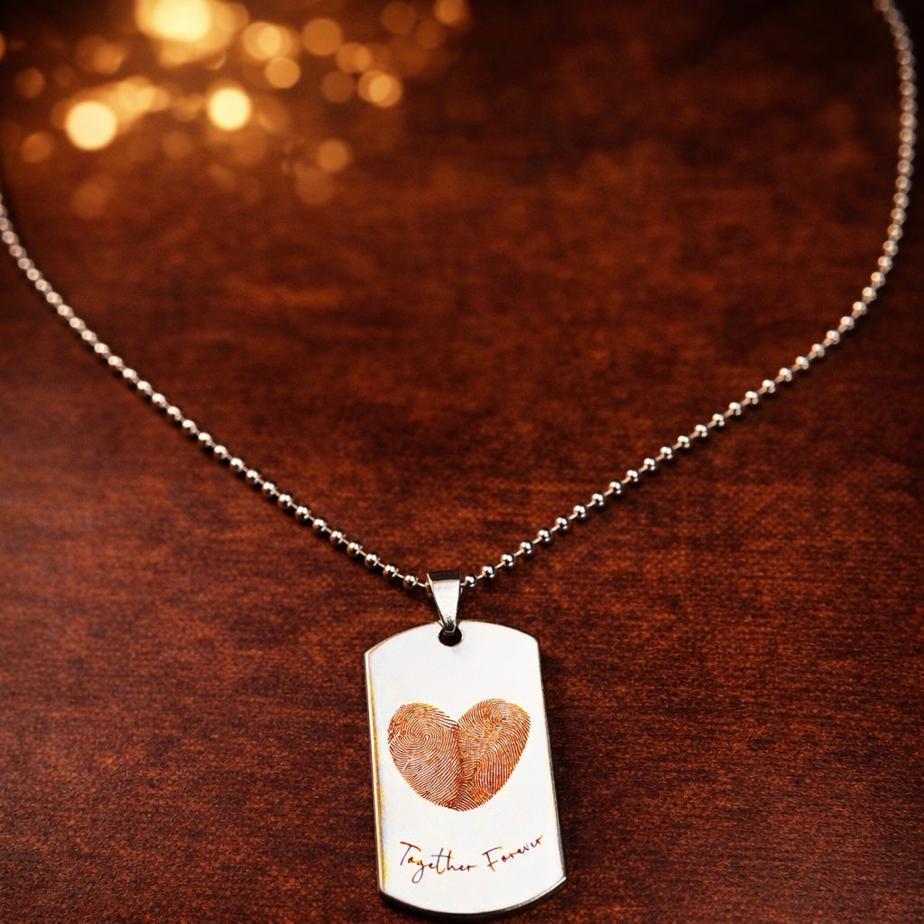 Custom custom photo engraved stainless steel tag necklace – detail shot. Laser engraving Canada.