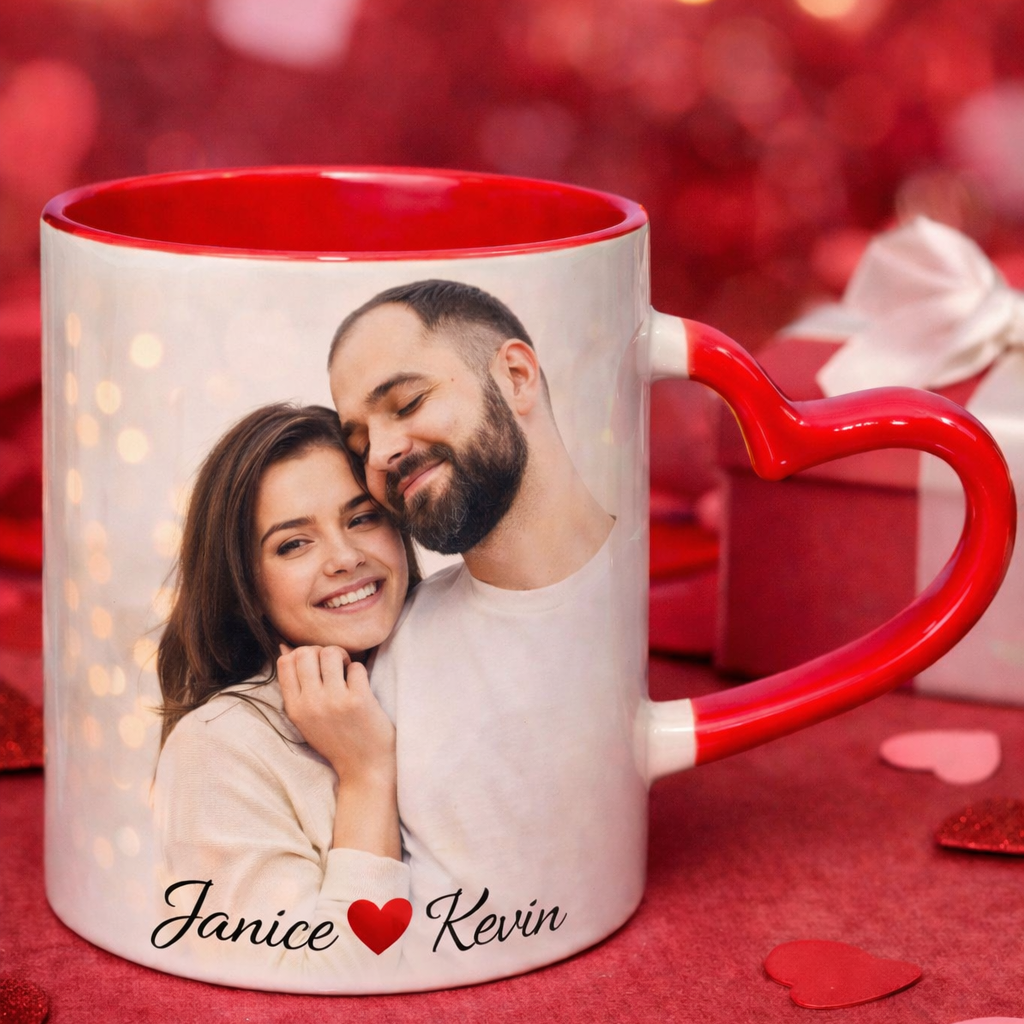 Custom print heart handle mug Canada - personalized red heart handle coffee mug with couple photo & names. Valentine & anniversary gift. Ships Canada & USA.