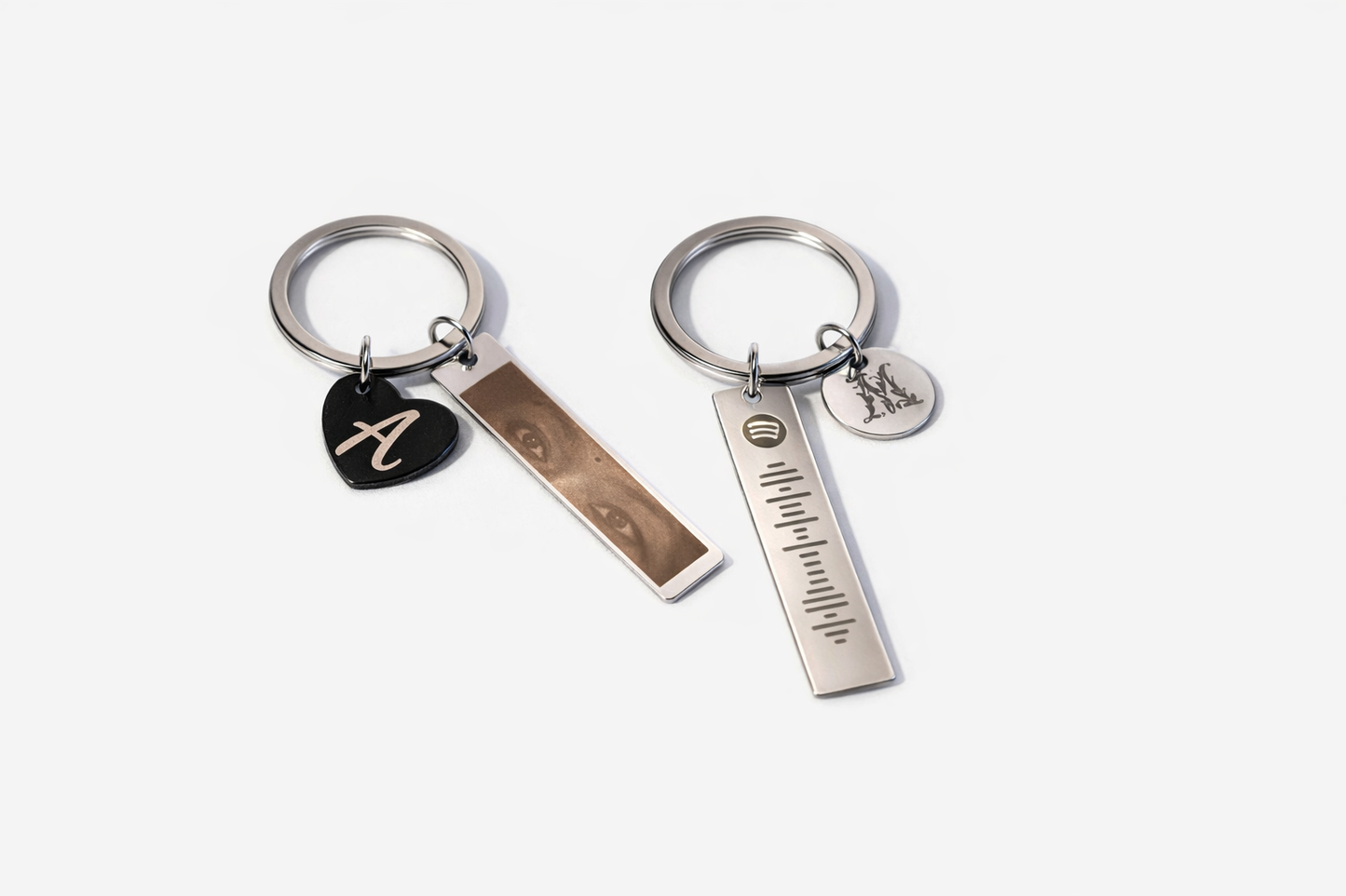 Custom Engraved Steel Keychain Tags – Photo, Initial & Song Code