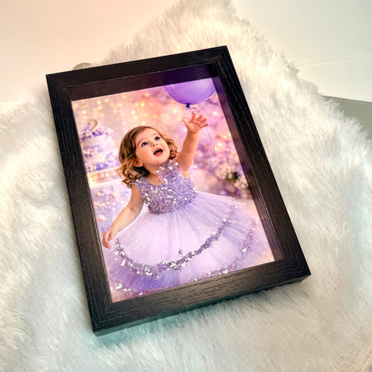 Custom glitter photo frame Canada - personalized print with sparkle glitter background in elegant black wooden frame. Perfect birthday & anniversary gift.