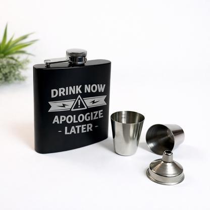 Custom engraved custom engraved liquor flask – 6oz portable stainless steel gift set – front view. Ships Canada & USA.