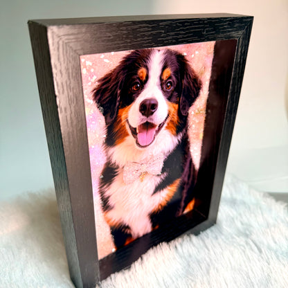 Custom glitter photo frame standing - personalized pet portrait print with sparkle effect in black wood frame
