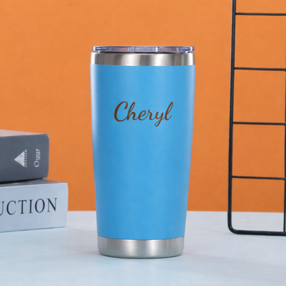 Custom engraved custom engraved 20oz stainless steel tumbler – front view. Ships Canada & USA.