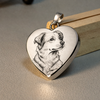 Custom custom heart shape stainless steel pendant – detail shot. Laser engraving Canada.