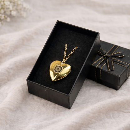 Custom engraved custom engraved heart locket pendant – 18k gold plated – front view. Ships Canada & USA.