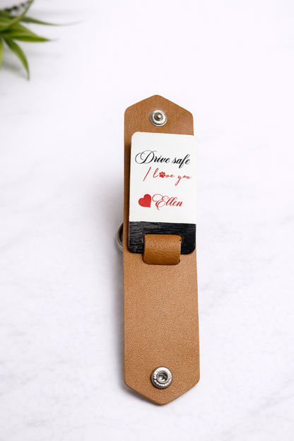 Personalized custom pu leather keychain with metal photo – engraving close-up. Oruz Gifts Scarborough.