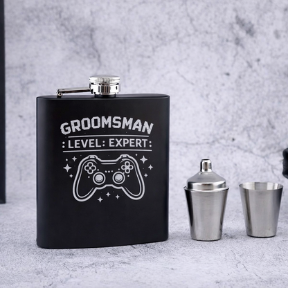 Personalized custom engraved liquor flask – 6oz portable stainless steel gift set – engraving close-up. Oruz Gifts Scarborough.