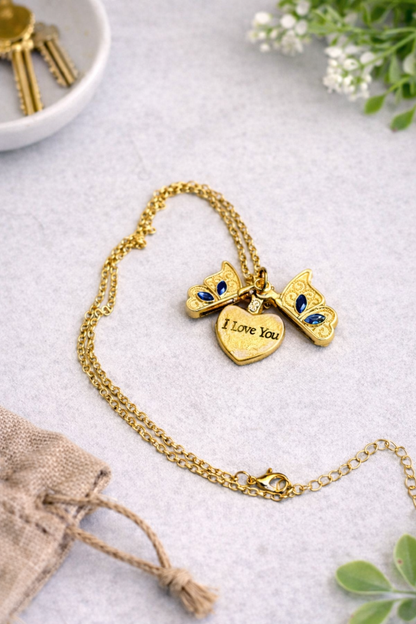 Custom engraved butterfly heart pendant necklace – front view. Ships Canada & USA.