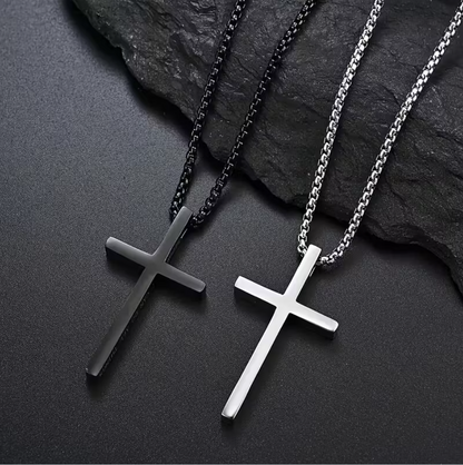 Custom engraved stainless steel cross pendant necklace – front view. Ships Canada & USA.