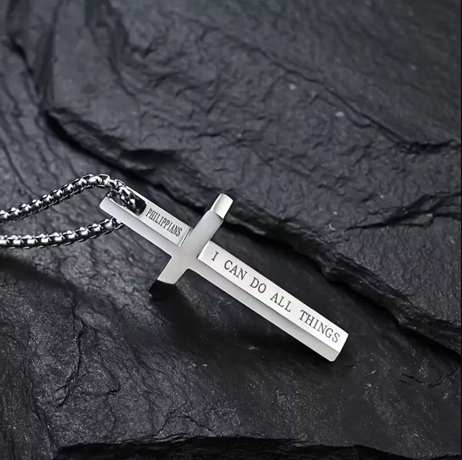 Personalized stainless steel cross pendant necklace – engraving close-up. Oruz Gifts Scarborough.