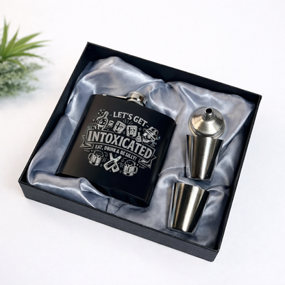 Custom Engraved Liquor Flask – 6oz Portable Stainless Steel Gift Set – custom design options. Same-day pickup Scarborough Ontario.