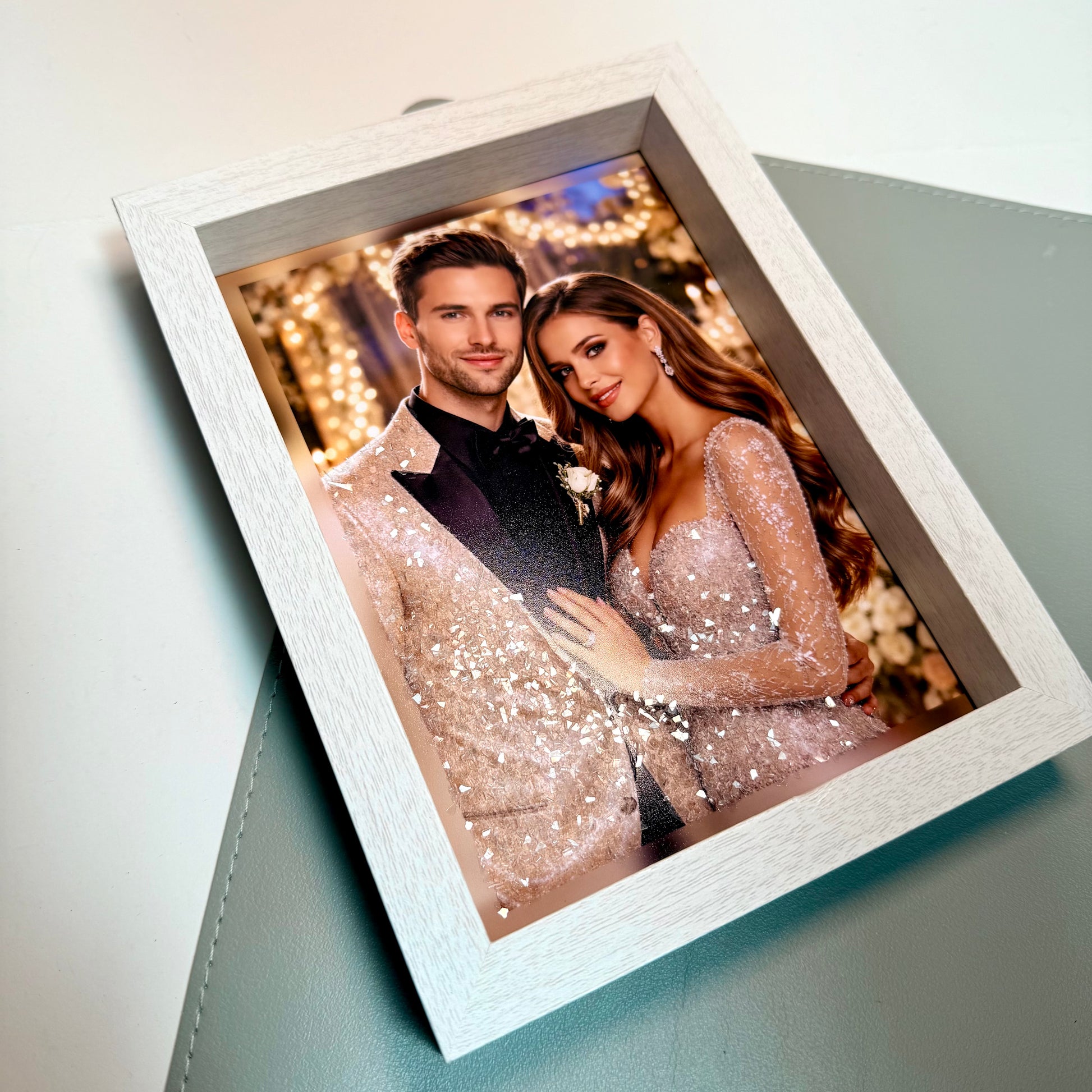 Custom glitter photo frame flat lay - personalized wedding portrait in white sparkle wood frame, Toronto gift shop