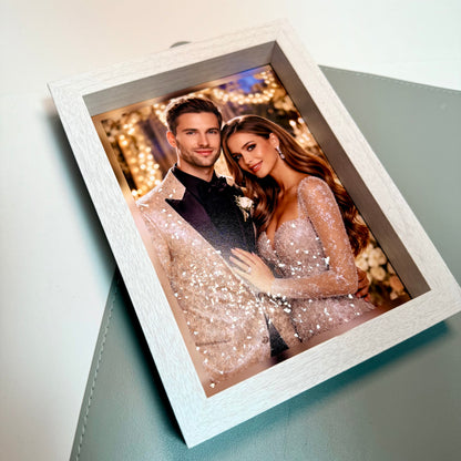 Custom glitter photo frame flat lay - personalized wedding portrait in white sparkle wood frame, Toronto gift shop
