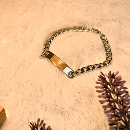 Custom custom engraved stainless steel id bracelet – detail shot. Laser engraving Canada.