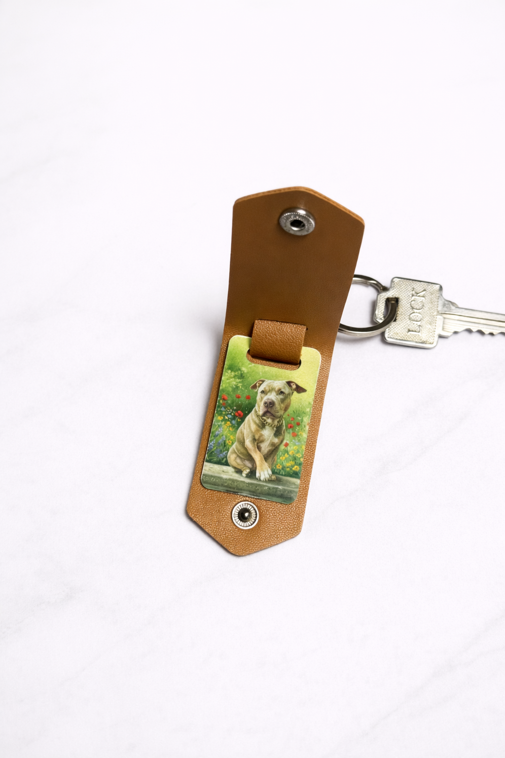 Custom PU Leather Keychain with Metal Photo – personalized with name or initials. Perfect for graduation & corporate gifts.