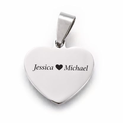 Custom engraved custom heart shape stainless steel pendant – front view. Ships Canada & USA.