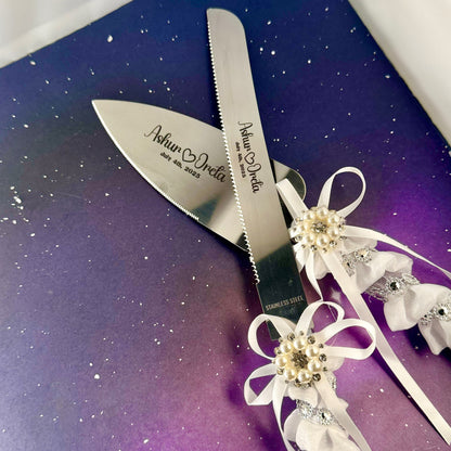 Personalized custom engraved cake server set – engraving close-up. Oruz Gifts Scarborough.