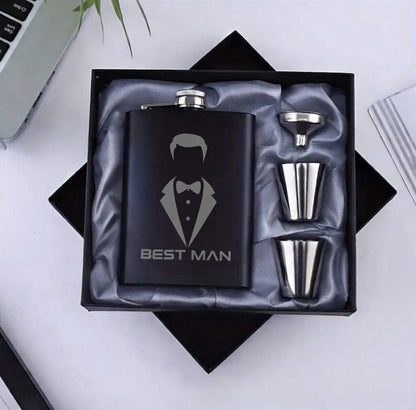 Custom engraved liquor flask Canada - 6oz stainless steel hip flask gift set with personalized engraving. Best Man, groomsmen & birthday gift. Ships Canada & USA.