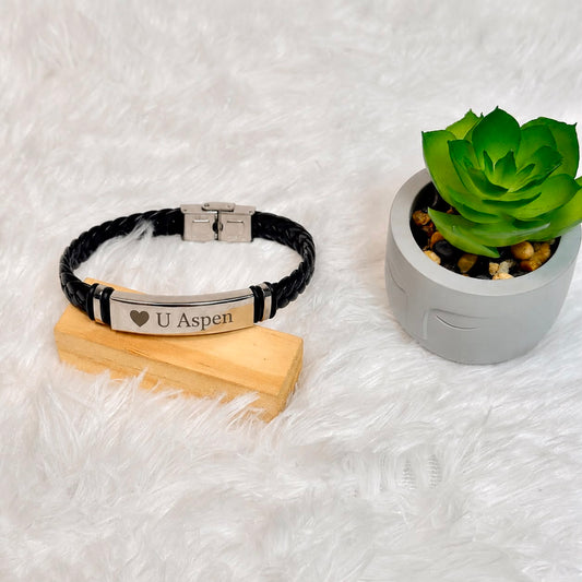 Personalized Leather Bracelet with Steel Plate – Custom Engraved Name Bracelet for Men