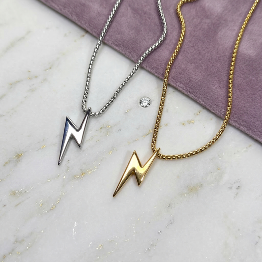 Polished Stainless Steel Lightning Bolt Necklace for Men – custom design. Oruz Gifts Canada.