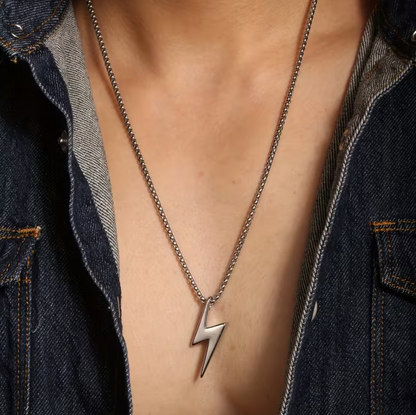 Custom engraved polished stainless steel lightning bolt necklace for men – front view. Ships Canada & USA.