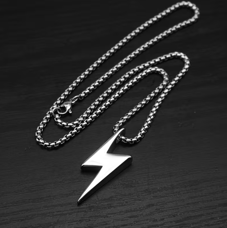 Polished Stainless Steel Lightning Bolt Necklace for Men – gift packaging and presentation. Oruz Gifts Canada.