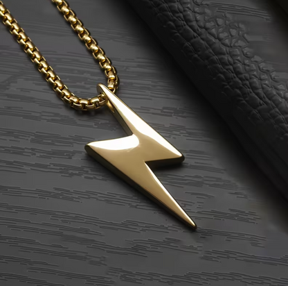 Personalized polished stainless steel lightning bolt necklace for men – engraving close-up. Oruz Gifts Scarborough.