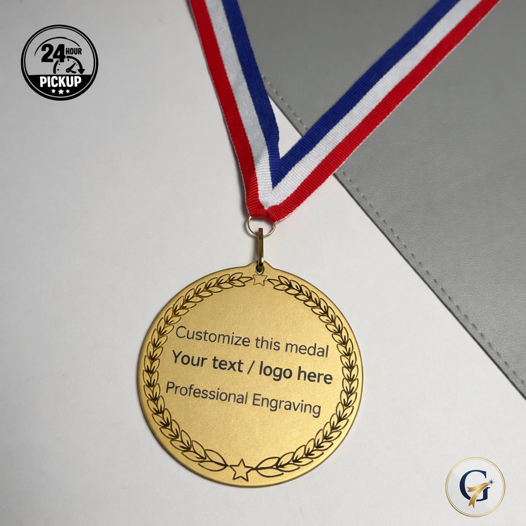 Custom engraved award medal Canada - laser-engraved gold medal with name, logo or text. Perfect for sports, corporate events & recognition ceremonies.