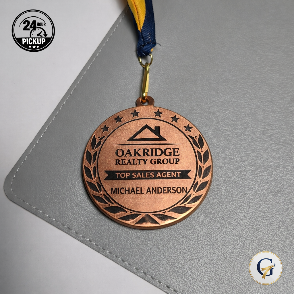 Custom engraved custom engraved award medals – front view. Ships Canada & USA.