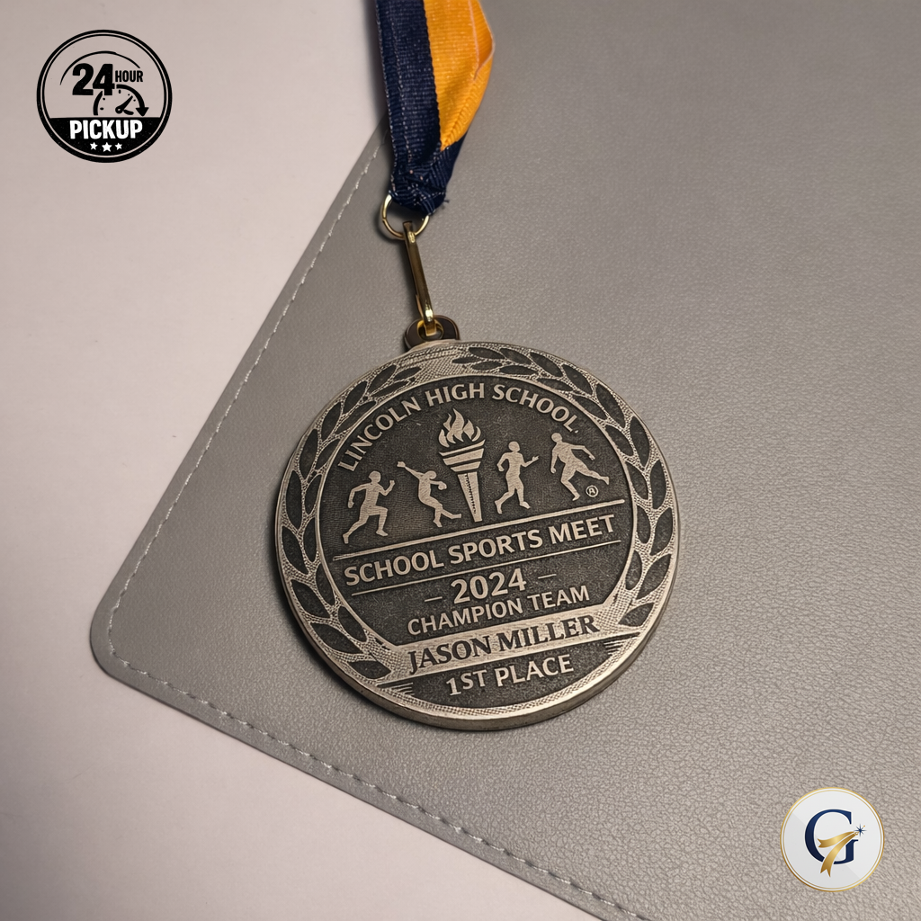 Custom Engraved Award Medals – gift packaging and presentation. Oruz Gifts Canada.