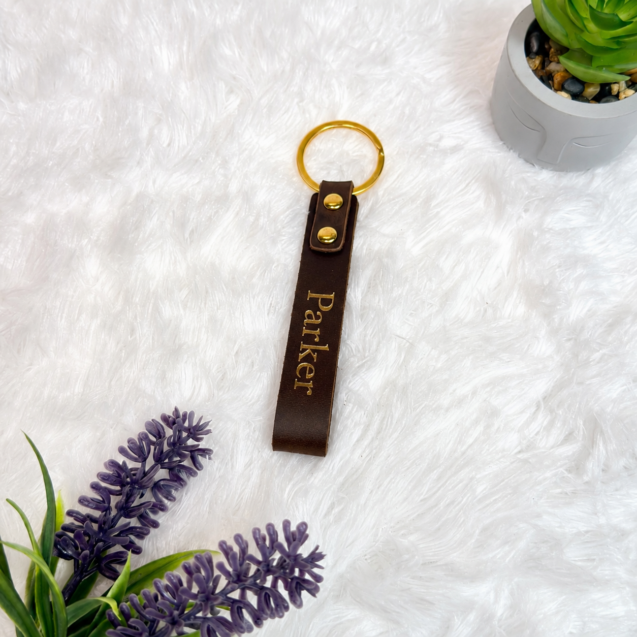 Premium PU Leather Strip Key Tag | Personalized Gold Embossed Keychain with Initials