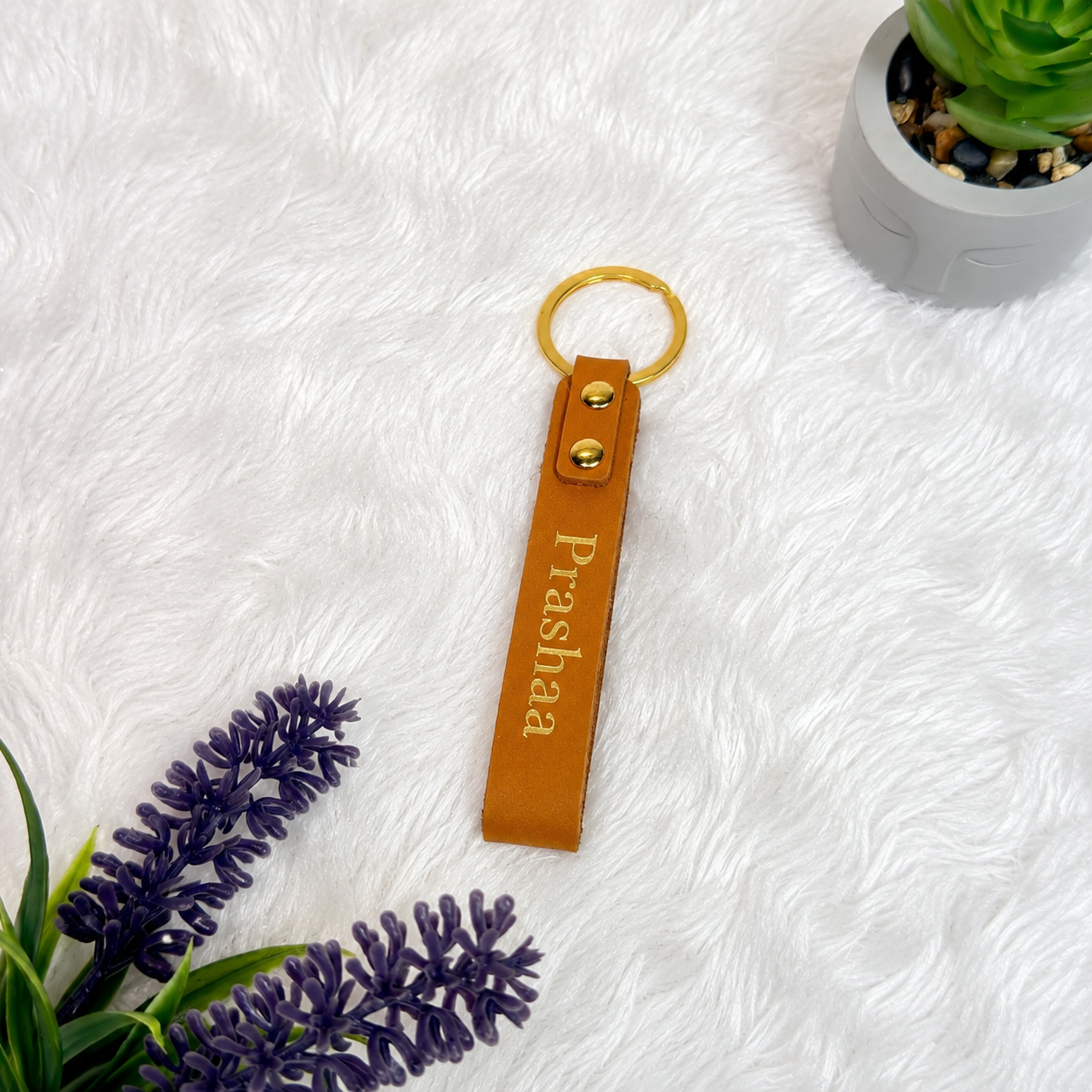 Premium PU Leather Strip Key Tag | Personalized Gold Embossed Keychain with Initials