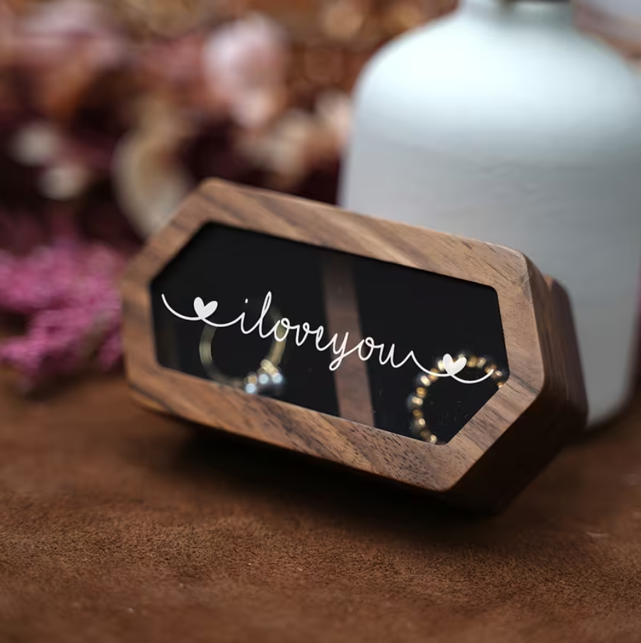 Proposal & Wedding Ring Holder – personalized with name or initials. Perfect for wedding & anniversary gifts.