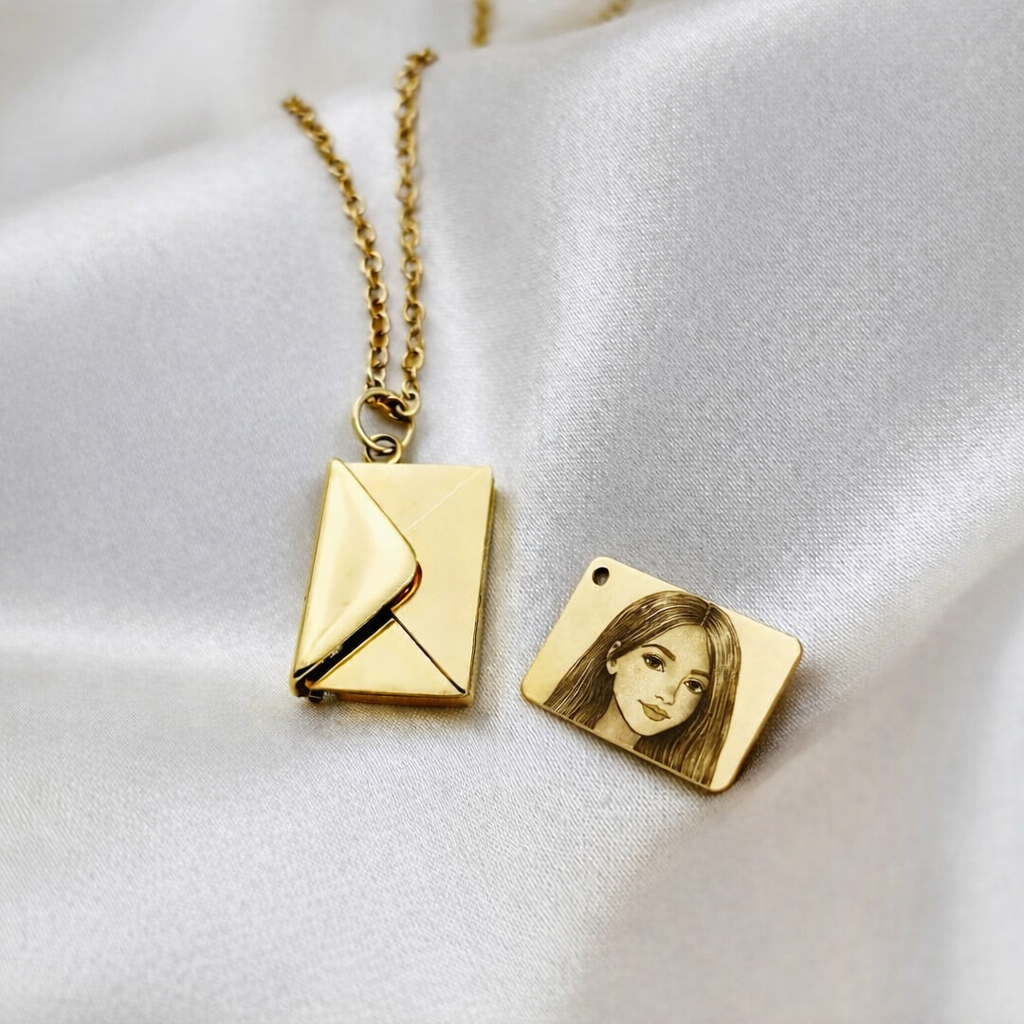 Personalized Envelope Necklace – gift packaging and presentation. Oruz Gifts Canada.