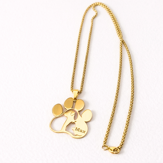 Custom Engraved Paw Print Pendant Necklace – Personalized Pet Name Jewelry