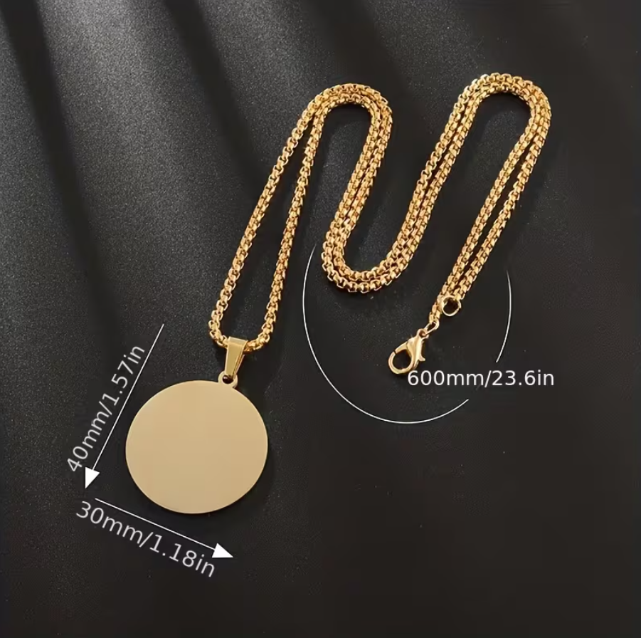 Custom Engraved Round Pendant Necklace – Stainless Steel – gift packaging and presentation. Oruz Gifts Canada.