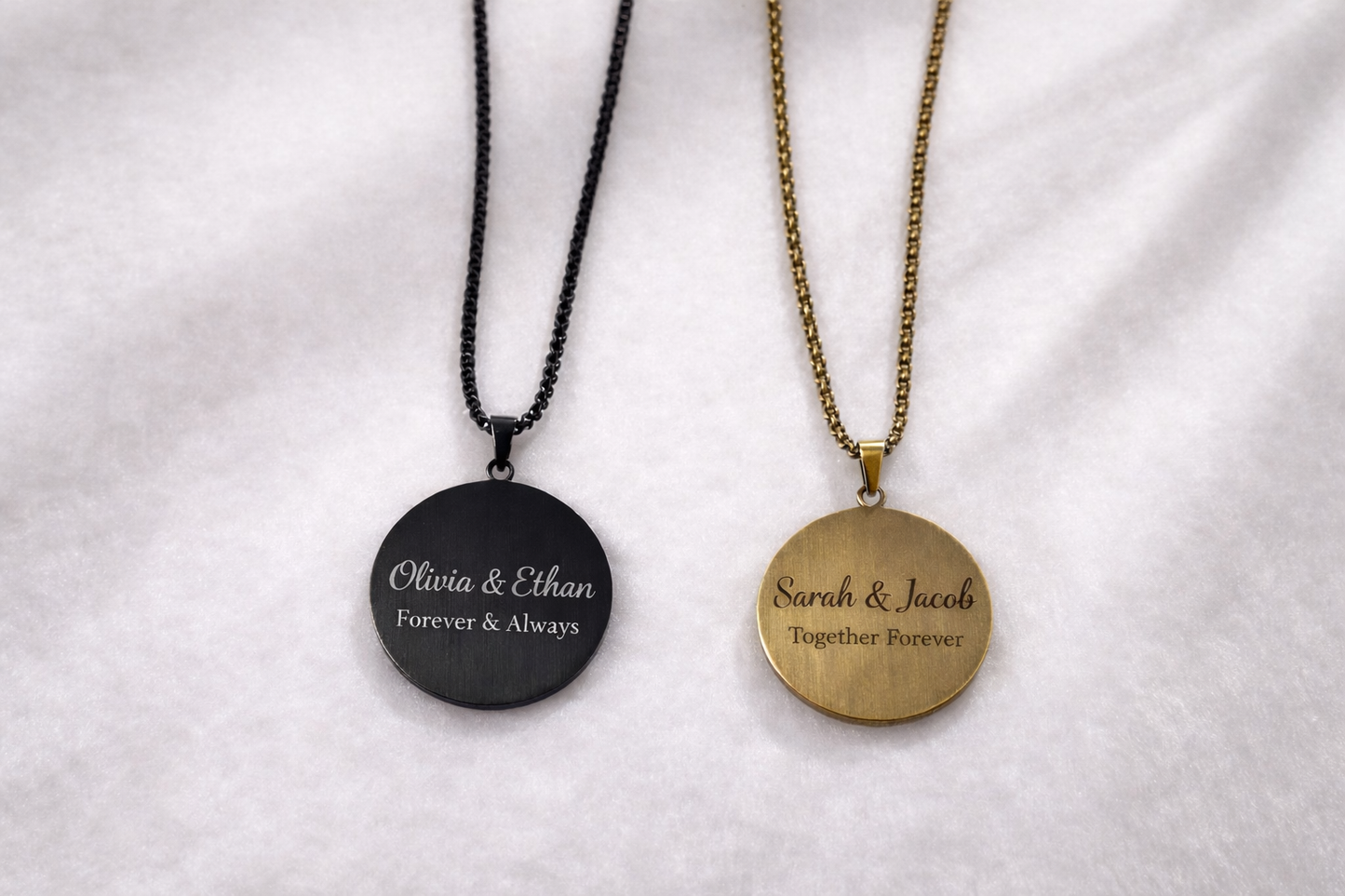 Custom Engraved Round Pendant Necklace – Stainless Steel – personalized with name or initials. Perfect for birthday & anniversary gifts.
