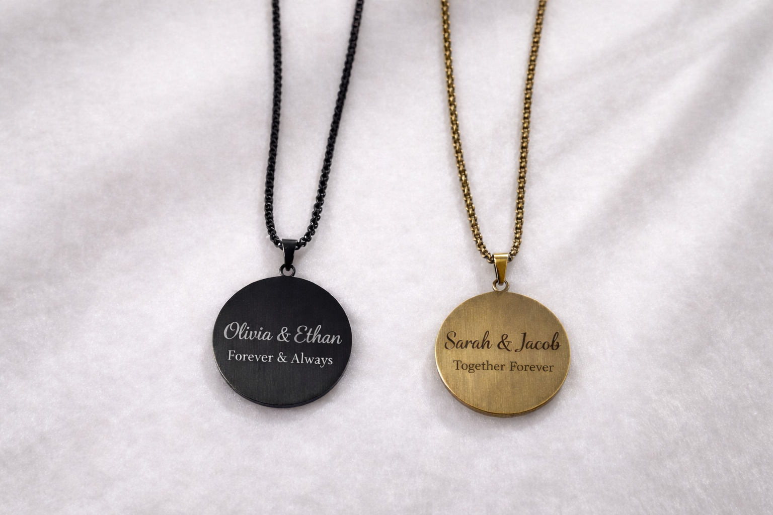 Custom Engraved Round Pendant Necklace – Stainless Steel – personalized with name or initials. Perfect for birthday & anniversary gifts.