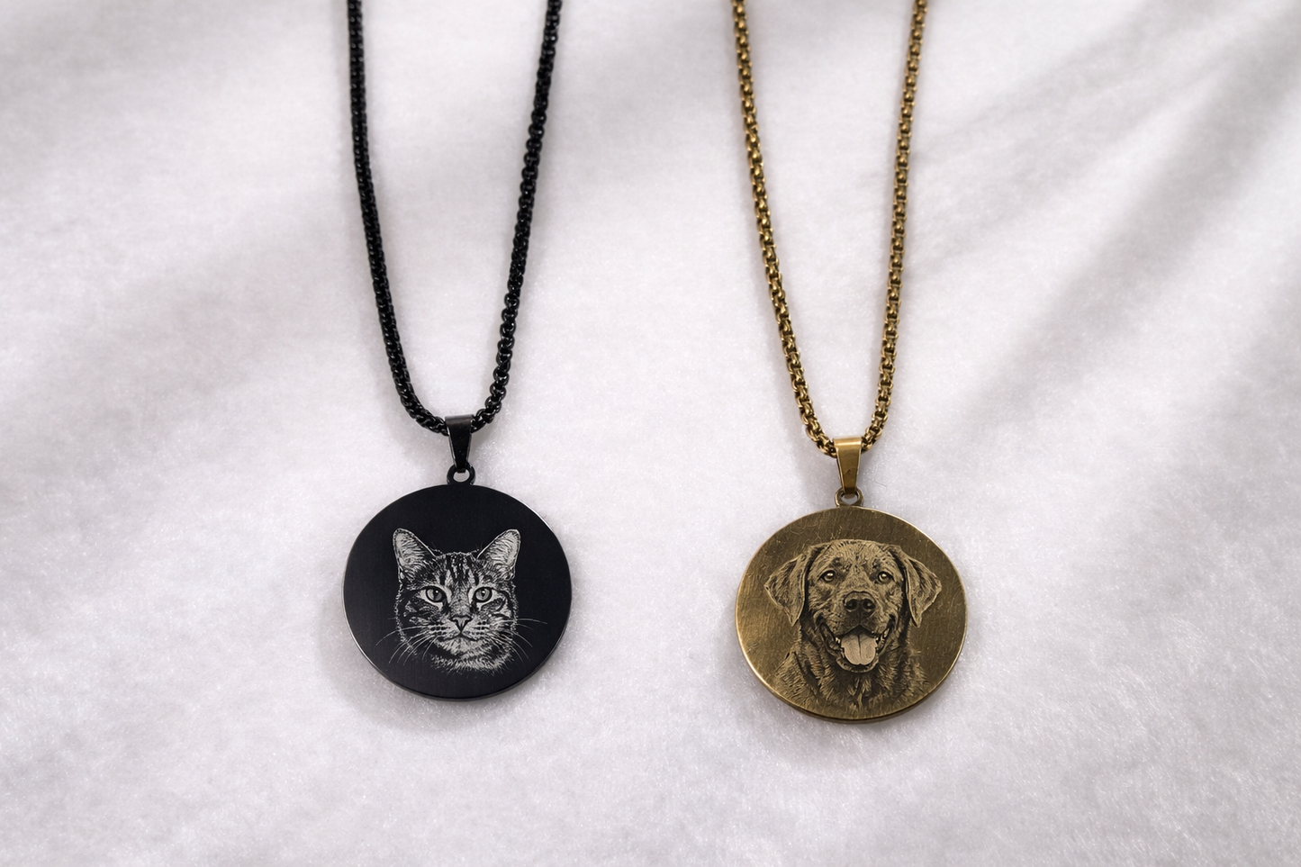 Custom engraved custom engraved round pendant necklace – stainless steel – front view. Ships Canada & USA.