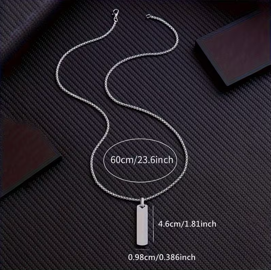 Personalized personalized stainless steel bar pendant – engraving close-up. Oruz Gifts Scarborough.