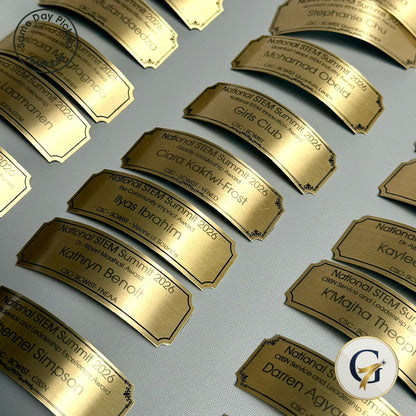 Bulk custom engraved brass name plates for corporate events - National STEM Summit award plates with names, Ontario Canada same day service
