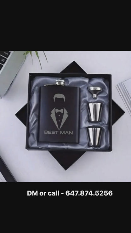 Custom Engraved Liquor Flask – 6oz Portable Stainless Steel Gift Set – personalized with name or initials. Perfect for personalized Canadian gifts.