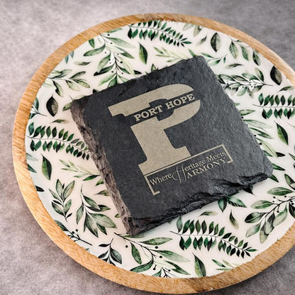 Custom engraved slate coasters Canada - personalized natural slate drink coasters with name, logo or monogram. Wedding & housewarming gift. Ships Canada & USA.