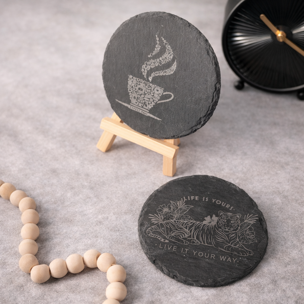 Custom Engraved Slate Coasters – custom design options. Same-day pickup Scarborough Ontario.