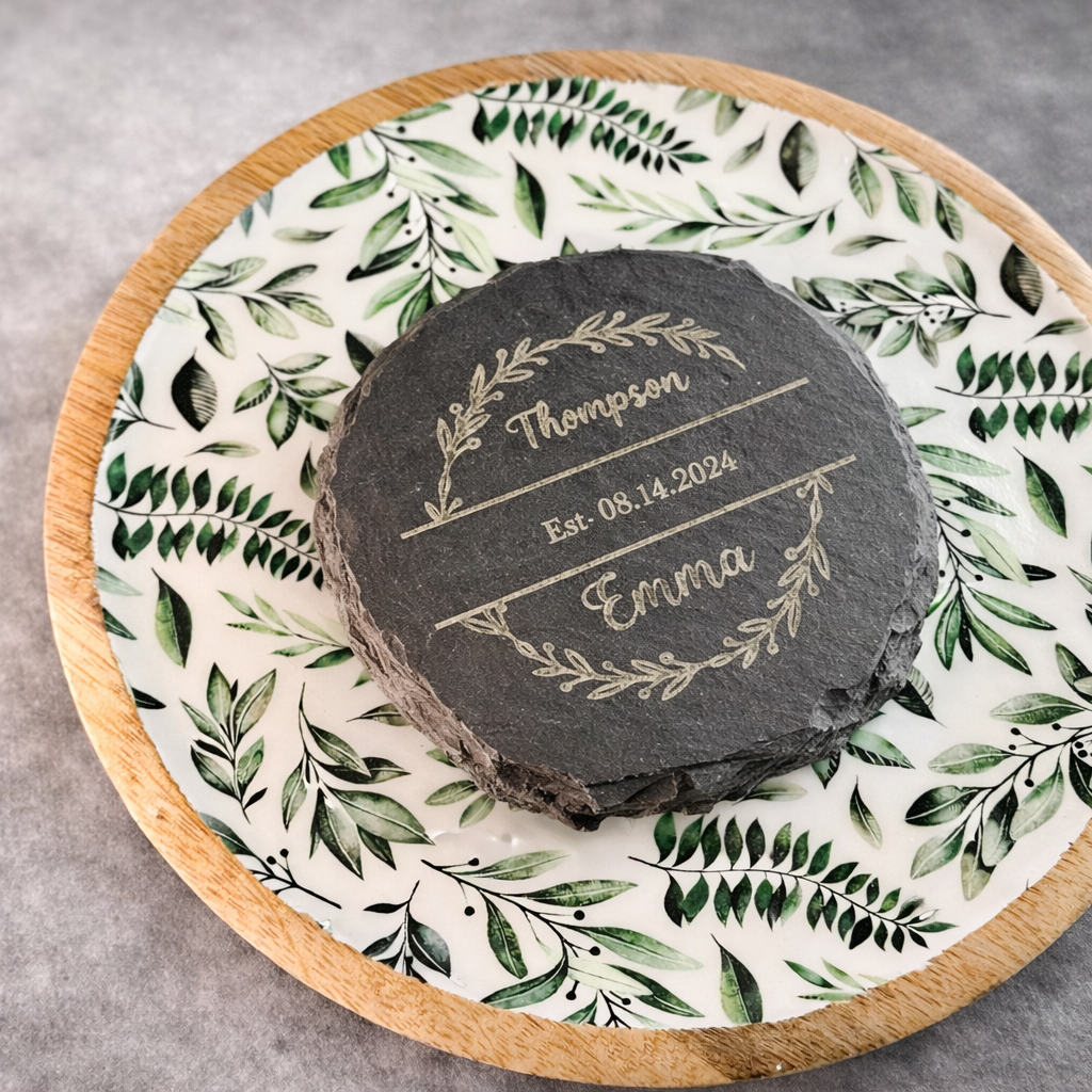 Personalized custom engraved slate coasters – engraving close-up. Oruz Gifts Scarborough.