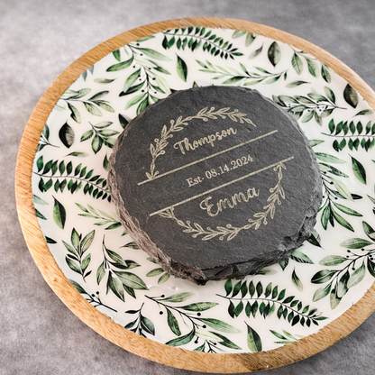 Personalized custom engraved slate coasters – engraving close-up. Oruz Gifts Scarborough.