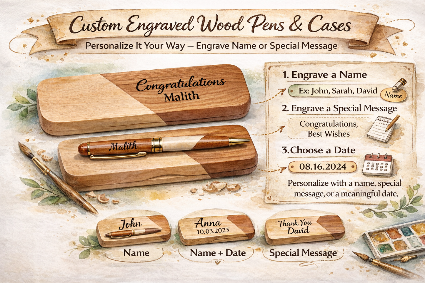 Custom engraved wooden pen and gift box set Canada – personalized laser-engraved pen with name or initials. Elegant gift for executives, graduates and special occasions.