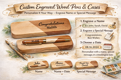 Custom engraved wooden pen and gift box set Canada – personalized laser-engraved pen with name or initials. Elegant gift for executives, graduates and special occasions.