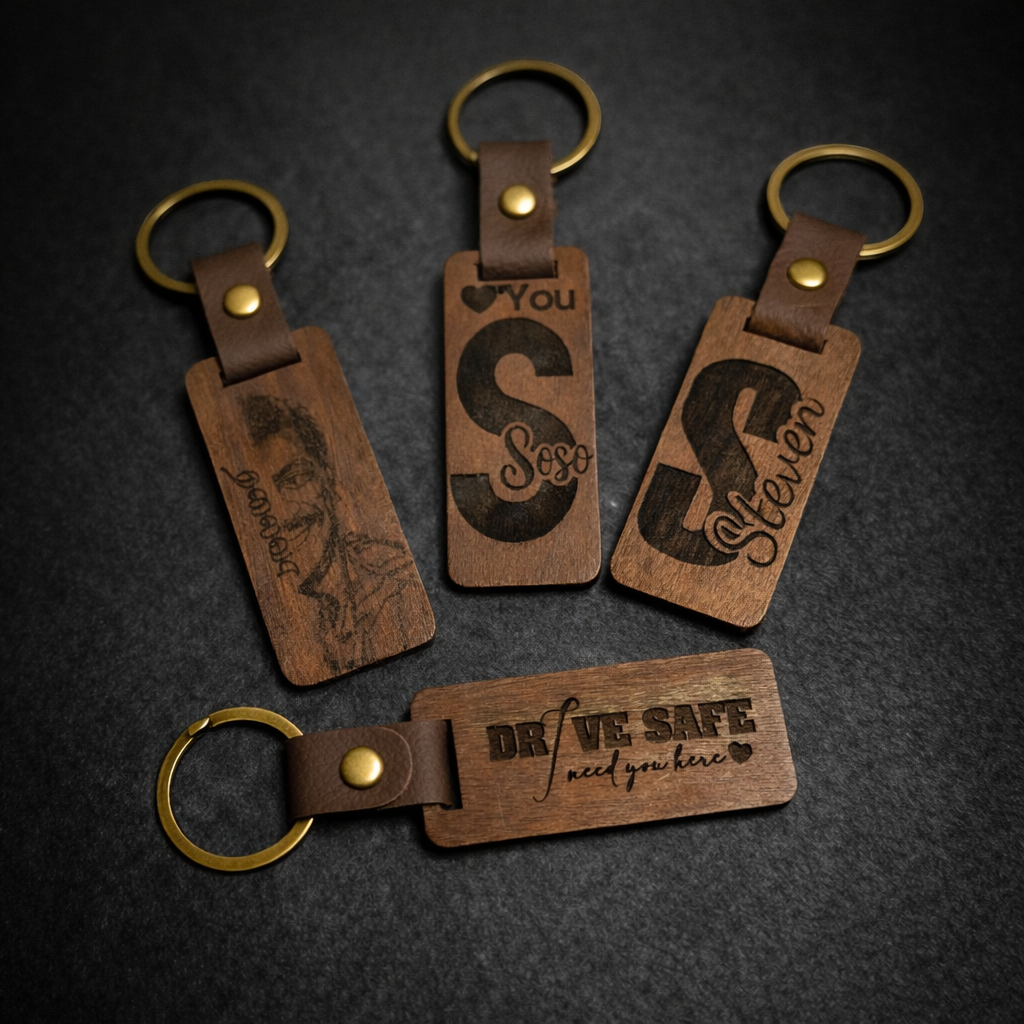 Custom Engraved Wooden Keychain | Personalized Initial & Name Tag